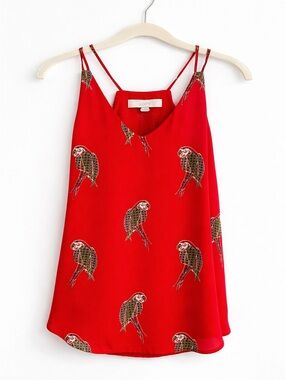 LOFT red parrot print sleeveless blouse, size XS.